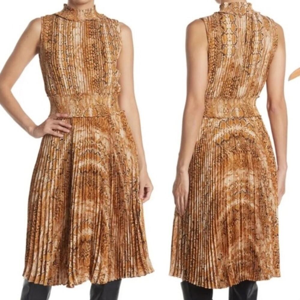NWT Nanette Lapore 16W Snakeskin Print Pleated MIDI Dress Smocked Waist Mock